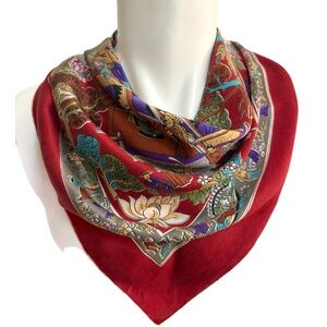 Vintage Hand-Rolled Silk Scenic Square Scarf – Red Asian Palace Print